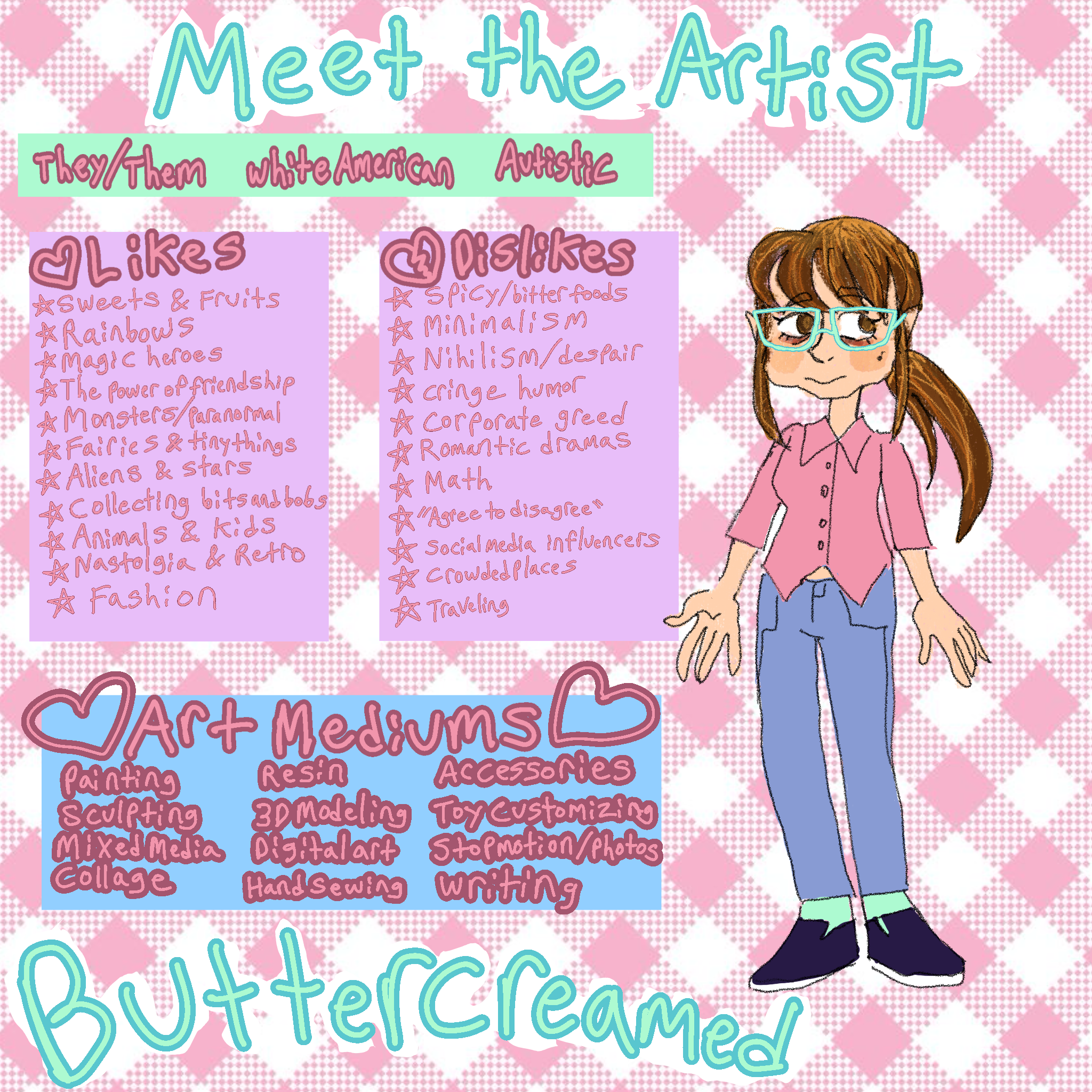A self portrait with 'meet the artist' written on the top. below is likes and dislikes and a list of art mediums.