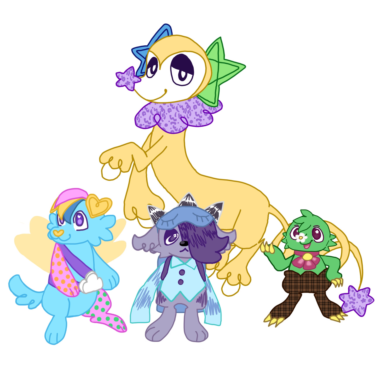 A digital drawing of Moss, Drizzle, Snoozanne, and Party.